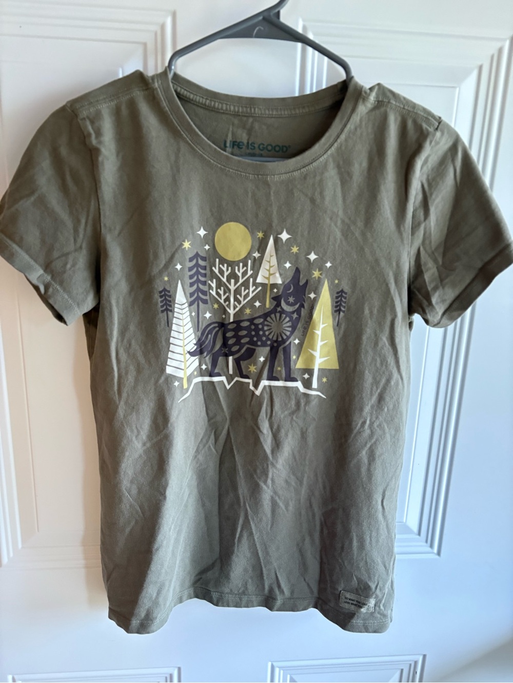 Life Is Good Olive Short-Sleeve Tee with Wolf and Moon Graphic